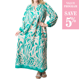 cream and turquoise maxi caftan sold in size assortment