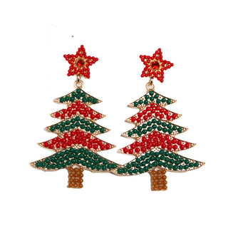 Beaded red and green Christmas tree earrings