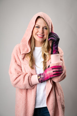 Model wearing pink sherry gloves