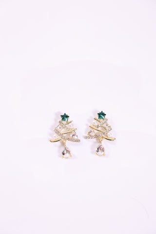 Pair of earrings with Christmas tree design on a white background