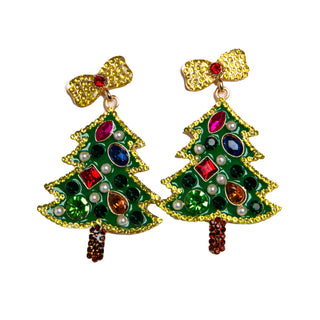 Green trees with multi-colored gems and gold and red bows on top