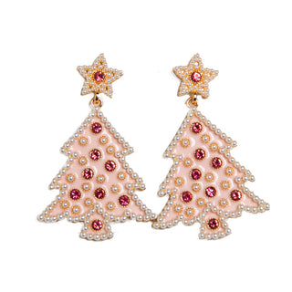 Pink pearl and bead Christmas tree earrings