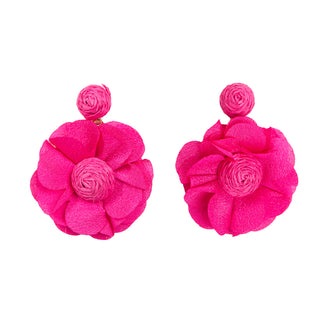 Hot pink dangle flower earring with straw buds and polyester petals