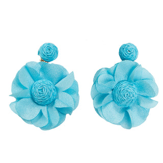 Light blue dangle flower earring with straw buds and polyester petals