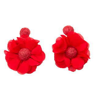 Red dangle flower earring with straw buds and polyester petals