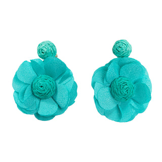 Turquoise dangle flower earring with straw buds and polyester petals