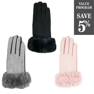 Patterned gloves with matching faux fur cuffs in three colors