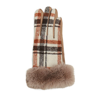 Camel Plaid Gloves with camel faux fur trim