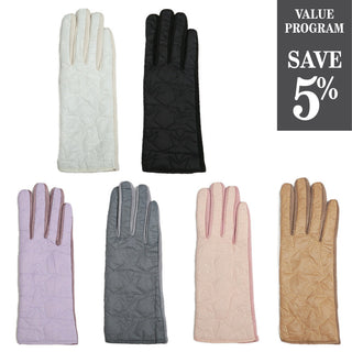 Gloves with quilted star pattern in tan, blush pink, white, gray, lavender and black