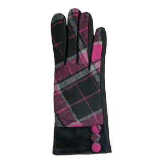 Black and pink plaid gloves with button detail