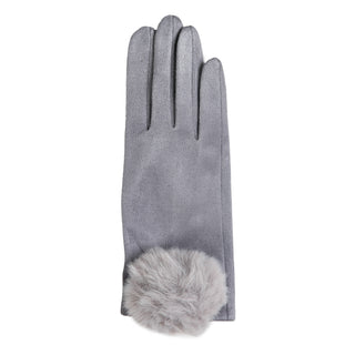 Gray glove with large pom pom