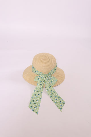 Brigitte Twillie Ribbon Hat featuring a green lattice ribbon with blue hydrangea accents.