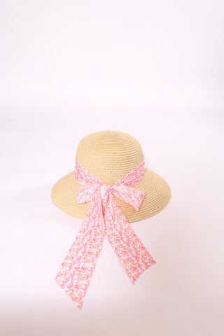 Brigitte Twillie Ribbon Hat with a pink coral-inspired ribbon bow detail.