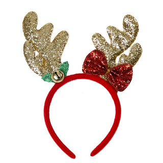 Gold reindeer antler headband with jingle bell and bow
