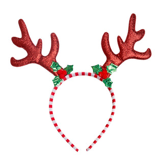 Whimsey headband with red glitter antlers  and red and white striped headband