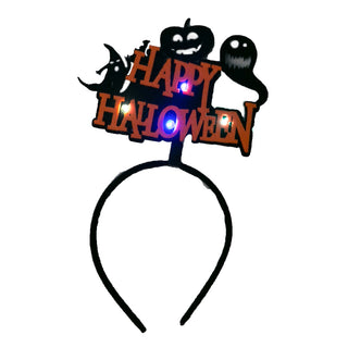 Happy Halloween headband with ghosts, jack o'lantern and lights, shown with lights on