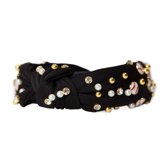 Black headband with gems, pearls, gold balls and baseball accents