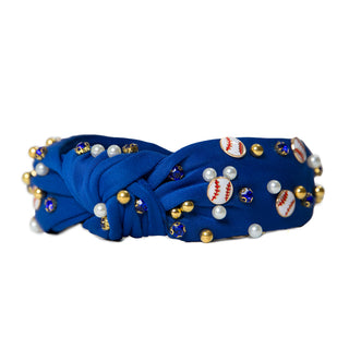 Royal blue headband with gems, pearls, gold balls and baseball accents