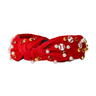 Red headband with gems, pearls, gold balls and baseball accents