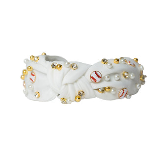 White headband with gems, pearls, gold balls and baseball accents