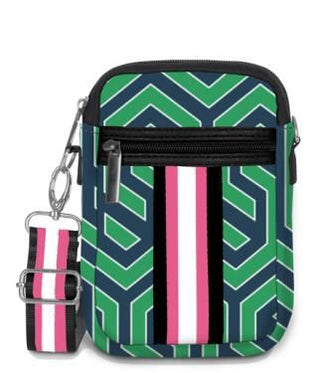 Green and Navy Geometric Carla Street Crossbody with woven shoulder strap