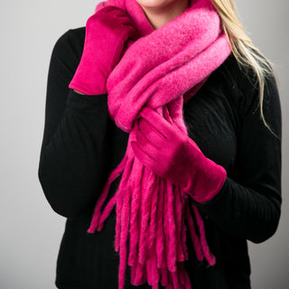 Magenta Michele faux suede texting glove on model with magenta scarf