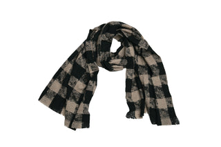 Checker print scarf with eyelash trim in Black and Camel