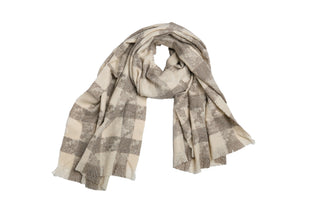 Checker print scarf with eyelash trim in Taupe and Cream