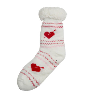 White slipper socks with red hearts