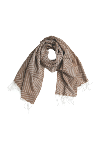 Brown patterned scarf with white tassels on a white background