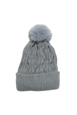 Gray knit beanie with a pom-pom on a white background