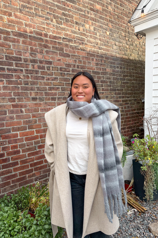 woman wearing gray hollis scarf