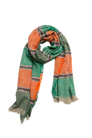 green and orange striped Jill scarf with eyelash fringe