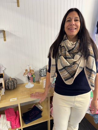 Claire Plaid Wrap - Cozy Plaid Shawl with Whipstitch Edge & V-Back Design - Fall 2025