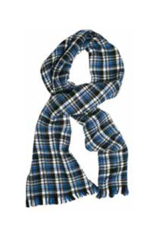 Plaid oblong scarf with blue and black pattern on a white background