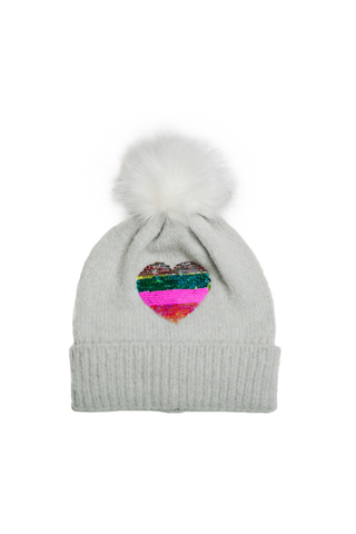 Gray Pom Pom Hat with Rainbow Sequin Heart