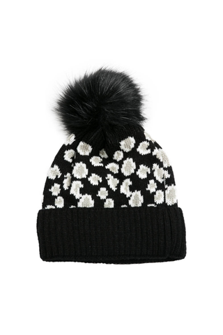 Black beanie with leopard pattern and black pom-pom on a white background