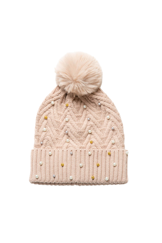 blush pink knit beanie with pom-pom and pearls