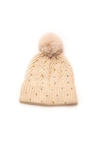 Beige knit beanie with pom-pom and pearls