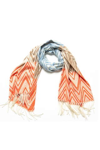 Orange, taupe, blue and cream zig zag Talia scarf with cream fringe
