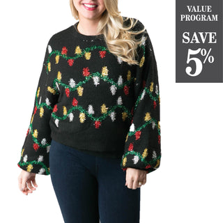 Assortment of Joyce Christmas Sweater in black with strands of multi color lights and balloon sleeves