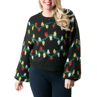 Black Joyce Sweater with strands of multi color Christmas lights and dolman balloon sleeves