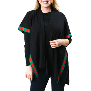 amelia ruana in black with green and red stripes on sides
