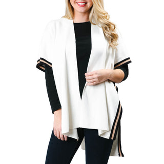 amelia ruana in cream with black and camel stripes on sides