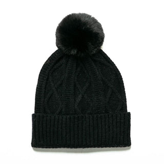 Black Karen cable knit beanie hat with coordinating pom pom
