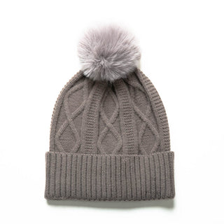 Gray Karen cable knit beanie hat with coordinating pom pom