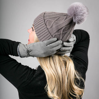 Gray Karen beanie hat with coordinating pom pom with faux suede bow gloves
