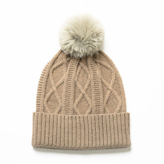 Taupe Karen cable knit beanie hat with coordinating pom pom