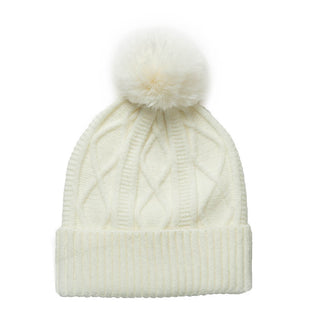 White Karen cable knit beanie hat with coordinating pom pom