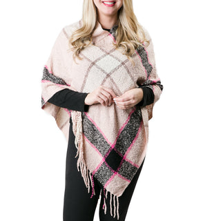 super soft knit poncho with fringe in pink with black and cream